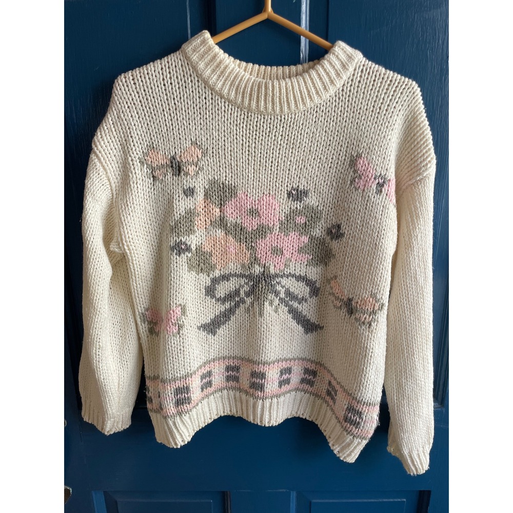 Vintage Floral Butterfly Sweater Cream Ramie Blend Hand Knitted Bramble Lane M